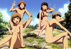 2boys 2girls amagi_yukiko anonymous_artist anus ass atlus barefoot black_hair brown_eyes brown_hair casual closed_eyes edit feet female grey_eyes grey_hair group hanamura_yousuke headband headset human investigation_team male medium_hair naked narukami_yu nipples nude nude_filter outdoors outside persona persona_4 satonaka_chie short_hair sitting toes unknown_artist white_skin