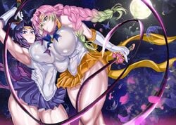 2girls abs bishoujo_senshi_sailor_moon blush braided_hair breast_press breasts bug butterfly butterfly_hair_ornament clothing cosplay curvaceous curvy demon_slayer favorite female female_only green_eyes green_hair highres holding_weapon holding_whip huge_breasts insects jet_puri kanroji_mitsuri kimetsu_no_yaiba kochou_shinobu large_breasts leotard long_hair looking_at_viewer moon moonlight muscular muscular_female muscular_legs night orange_skirt pink_hair posing purple_eyes purple_hair purple_skirt sailor_senshi_uniform shiny shiny_skin short_hair skin_tight skirt sword symmetrical_docking thick_thighs thighs tight_fit voluptuous weapon whip white_leotard