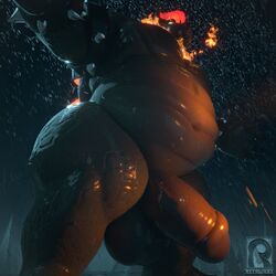 1:1 3d_(artwork) anthro armband balls bara belly big_balls big_penis bowser bowser's_fury bracelet breath_powers digital_media_(artwork) elemental_manipulation fire fire_breathing fire_manipulation fury_bowser genitals hair huge_cock jewelry koopa low-angle_view male male_focus male_only male_solo mario_(series) musclegut muscular muscular_anthro muscular_male nintendo penis red_hair reyriders scalie solo solo_male spiked_armband spiked_bracelet spikes standing super_mario_3d_world thick_thighs video_games