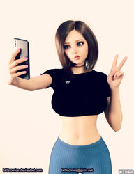 1girls 3d b69 beauty_mark blue_eyes bob_cut brown_hair busty peace_sign samsung samsung_sam selfie