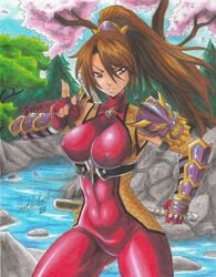 1girls 2020 bodysuit breasts brown_hair clothed erect_nipples_under_clothes female female_only frown large_breasts ninja nipples_visible_through_clothing pencil_(artwork) ponytail ravern_clouk solo solo_female soul_calibur tagme taki tied_hair tight_clothing