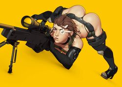 1girls ass big_ass breasts female female_only gun jack-o_pose jackochallenge jane_doe_(john_doe) john_doe sniper_rifle solo spread_legs weapon