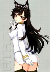 atago_(azur_lane) azur_lane bangs black_hair black_legwear black_thighhighs blush breasts character_name closed_mouth covering covering_ass cowboy_shot eyebrows_visible_through_hair female female finger_to_mouth from_behind garter_straps gloves high_resolution index_finger_raised lingerie long_hair long_sleeves looking_at_viewer looking_back medium_breasts military military_uniform miniskirt pencil_skirt scan shiny shiny_hair shushing side_slit skirt smile solo standing tagme takayaki thighhighs thighs third-party_edit uniform very_long_hair white_gloves white_skirt zettai_ryouiki