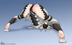 1girls ass ass_up back_view bare_thighs barefoot black_panties blue_background blush breasts corrin_(fire_emblem) corrin_(fire_emblem)_(female) face_down_ass_up fire_emblem fire_emblem_fates grey_hair inner_thighs jack-o_pose large_ass looking_at_viewer looking_back nintendo omegazero01 panties pose smile solo spread_legs toeless_legwear