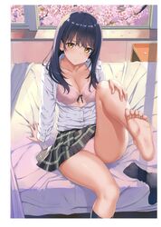 arm_support barefoot bed black_hair bra breasts cleavage clothes_pull clothing earrings eyebrows_visible_through_hair feet female female high_resolution jewelry large_filesize long_hair long_sleeves looking_at_viewer medium_breasts melonbooks on_bed open_clothes open_shirt original pantsu petals pink_bra pink_panties scan school_uniform shirt sitting skirt skirt_lift skirt_pull socks_removed solo tagme takayaki unbuttoned unbuttoned_shirt underwear uniform very_high_resolution window yellow_eyes