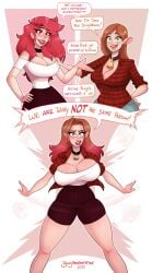 2girls beingobscene big_breasts bovine_humanoid choker female female_only fusion heterochromia merging multiple_girls red_hair transformation unidentified-tf