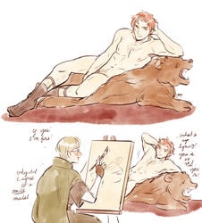 2boys blush chickenbabby completely_nude cyaptinpiss embarrassed english_text fire_emblem fire_emblem:_three_houses glasses ignatz_victor male male_only nintendo nude nude_male orange_hair painting pose short_hair smile sylvain_jose_gautier text yaoi