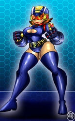 genderswap_(mtf) helmet huge_ass huge_breasts mega_man mega_man_battle_network megaman.exe mtf_transformation onatart post_transformation rule_63 thick_thighs thigh_boots transformation