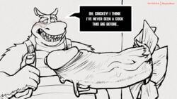 bathroom big_penis blush comic crash_(series) dingodile gay glory_hole hole_in_wall huge_cock hyper_penis male male_only mayku monochrome pubic_hair speech_bubble text video_games yaoi