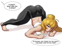 1girls ass barefoot blonde_hair english_text female gym_clothes jack-o_pose nicoguer ponytail purple_eyes rwby text workout_clothes yang_xiao_long yoga_pants