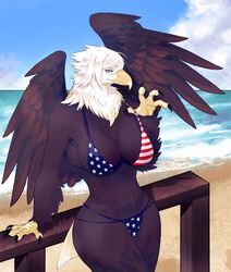 1girls 30clock 4th_of_july american_eagle american_flag american_flag_bikini anthro avian beach bikini bikini_lift brown_feathers eagle female female_only hi_res leaning_back leaning_on_hand looking_at_viewer narrowed_eyes seaside solo solo_female white_hair wings yellow_eyes