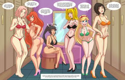 6+girls 6girls arabatos bikini black_bikini black_bikini_bottom black_bikini_top black_hair black_hair_female black_high_heels blonde_hair blonde_hair_female bloom_(winx_club) blue_eyes blue_eyes_female blush_stickers breasts brown_eyes cleavage clothed comic_page crossover death_note dialogue dressing dressing_room english_text female female_only final_fantasy final_fantasy_vii green_bikini green_bikini_bottom green_bikini_top green_eyes green_eyes_female green_high_heels headband homura_(senran_kagura) horns human light_pink_hair locker_room long_blonde_hair long_hair long_hair_female long_red_hair mirror misa_amane multiple_girls naruto naruto_shippuden nipple_peek orange_bikini orange_bikini_bottom orange_bikini_top orange_high_heels pink_bikini_bottom pink_hair pink_hair_female pink_high_heels red_bikini red_bikini_bottom red_bikini_top red_hair red_hair_female sakura_haruno senran_kagura short_black_hair short_hair short_hair_female short_pink_hair star_butterfly star_vs_the_forces_of_evil swimsuit teasing text twintails winx_club yuffie_kisaragi