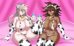 absurdres bikini blonde_hair bluebullpen bottle breasts brown_hair cleavage collar cow_girl cow_print cowbell danganronpa danganronpa_2:_goodbye_despair danganronpa_v3 dark_skin female_only femsub gloves happy_trance horns huge_breasts hypnosis iruma_miu licking_lips long_hair mind_control navel opera_gloves owari_akane short_hair sitting smile smooth_skin spiral_eyes symbol_in_eyes thick_thighs thighhighs tongue