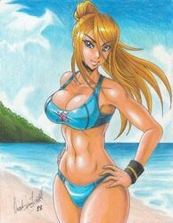 1girls 2018 beach big_breasts bikini blonde_hair blue_eyes breasts cleavage female female_only metroid nintendo pencil_(artwork) ponytail ravern_clouk samus_aran smile solo solo_female swimsuit tagme thick_thighs