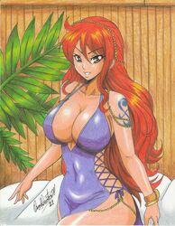 1girls big_breasts breasts cleavage clothed dress female female_only huge_breasts large_breasts long_hair nami no_panties one_piece one_piece:_zou_arc pencil_(artwork) post-timeskip purple_dress ravern_clouk red_hair solo solo_female tagme tight_clothing