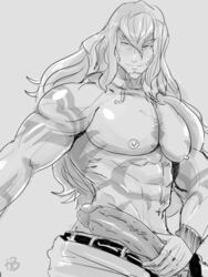 1boy azrael azrael_(blazblue) bara big_penis blazblue blazblue:_central_fiction blazblue:_chronophantasma blazblue:_cross_tag_battle hand_on_penis long_hair long_hair_male male_only monochrome open_clothes open_pants penis_grab penis_out uncensored