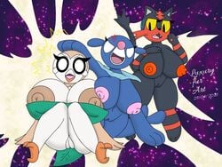 4:3 anthro big_breasts breasts digital_media_(artwork) female genitals group huge_breasts hyper hyper_breasts litten luxury_furart mammal nintendo nipples nude pokémon_(species) pokemon popplio pussy rowlet simple_background thick_thighs video_games