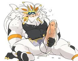 anthro anthrofied arm_support balls bara big_penis black_body black_fur blue_sclera blush bodily_fluids bottomwear bottomwear_aside clothing clothing_aside cum cum_on_balls cum_on_leg cum_on_penis erection fur genital_fluids genitals hyaku_(artist) legendary_pokémon loincloth loincloth_aside male male_only markings masturbation multicolored_body multicolored_fur muscular muscular_anthro muscular_male nintendo one_eye_closed orange_markings penile penile_masturbation penis pokémon_(species) pokemon simple_background sitting solgaleo solo sweat video_games white_background white_balls white_body white_fur