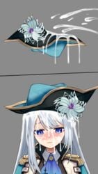 ashamed ban_hada blue_eyes blush cum cum_in_hat cum_on_face cum_on_hair cum_on_hat cum_wearing cumshot dripping_cum fully_clothed hat humiliation looking_down nijisanji nijisanji_kr silver_hair virtual_youtuber