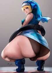 1boy 1futa ass big_ass big_butt blonde_hair blue_eyes blush bottom_heavy bridget bulge eye_contact femboy femboy_only futanari guilty_gear large_ass long_hair looking_at_viewer male male_only mijeh panties solo squatting teapot_(body_type) thick_ass thick_thighs thighs