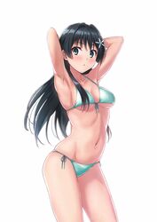 1girls aqua_bikini armpits arms_behind_head bikini black_hair blush cleavage edit female female_only green_eyes hair isshi_pyuma long_hair looking_back medium_breasts navel pose saten_ruiko solo solo_female teenage_girl teenager thighs third-party_edit to_aru_kagaku_no_railgun to_aru_majutsu_no_index young