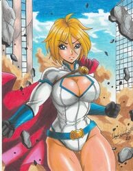 1girls 2020 bare_thighs big_breasts blonde_hair blue_eyes boob_window cape cleavage cleavage_cutout clothed dc destruction female female_only frown huge_breasts kara_zor-l karen_starr leotard pencil_(artwork) power_girl ravern_clouk short_blonde_hair short_hair solo solo_female superheroine superman_(series) tagme thick_thighs