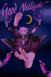 1girls alley_cat_maeve barefoot bell_collar cat_ears cat_eyes choker clothed clothed_female english_text feet female female_only foot_focus hi-rez_studios knife maeve_(paladins) painted_nails painted_toenails paladins pink_hair pink_nails pink_toenails sleepymei soles solo solo_female yellow_eyes