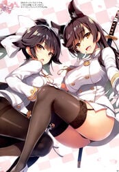 2girls :d animal_ears ass atago_(azur_lane) azur_lane bangs black_panties black_underwear blush bow bowtie breasts brown_eyes brown_hair buttons checkered checkered_background doujinshi dutch_angle english eyebrows_visible_through_hair female flower garter_straps gloves high_resolution japanese_language katana large_breasts lingerie long_hair looking_at_viewer looking_back military military_uniform miniskirt mole mole_under_eye mugenkidou_a multiple_girls open-mouth_smile open_mouth page_4 page_number pantsu pantyhose petals ponytail portuguese_language scan skirt smile sword tagme takao_(azur_lane) thighhighs tied_hair tomose_shunsaku underwear uniform weapon white_gloves