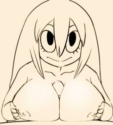 1boy 1girls amphibian animated big_breasts bimbo boobjob breasts busty edit eye_contact faceless_male female frog hair huge_breasts kabutoro long_hair male monochrome my_hero_academia nipples paizuri penis sex shounen_jump smile solo_focus teenager tsuyu_asui wide_eyed