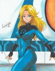 1girls 2021 blonde_hair blue_eyes bodysuit fantastic_four female female_only invisible_woman marvel pencil_(artwork) ravern_clouk solo solo_female sue_storm