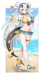 beach big_breasts bikini collar dragon_girl dragon_tail epic7 female food horns ice_cream long_hair looking_at_viewer miniskirt monster_girl stockings tattoo white_hair yufine_(epic7)