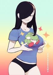 big_breasts black_hair colo covering_breasts fat_yoshi hair_over_one_eye long_hair mario_(series) nila_(telepurte) nintendo showing_off smile sparkle super_mario_rpg thick_thighs tshirt underwear yoshi