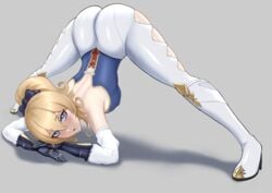 1girls ass ass_up blonde_hair blue_eyes blush boots eye_contact female fully_clothed genshin_impact gloves iceringer jack-o_pose jean_gunnhildr long_hair looking_at_viewer spread_legs thick_thighs tight_clothing