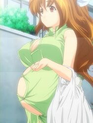 1girls aizawa_haruna anime_screencap big_belly breasts brown_eyes brown_hair busty clothing dress groceries hair_ribbon milf outdoors ova pregnant public rape!_rape!_rape! ready_to_pop screencap screenshot smile stitched