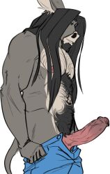 anthro asinus balls body_hair bottomwear clothed clothing donkey equid equine erection foreskin genitals hair hi_res humanoid_genitalia humanoid_penis long_hair male male_only mammal matthew_raymond nipples pants penis penis_through_zipper pubes snoopjay2 solo topless