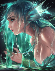 blue_eyes blue_hair bra ear_fins fin leaf_bra mermaid monster_girl original sakimichan water wet