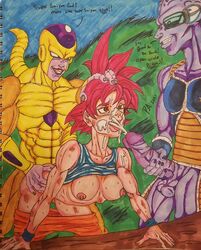 1girls 2boys big_breasts bruised captain_ginyu cum cum_on_face cumshot defeated defeated_heroine dragon_ball dragon_ball_super facial female_goku frieza from_behind golden_frieza grabbing_head head_grab interspecies long_nipples nipples pants_down princeadam rape red_hair rule_63 saiyan scouter son_goku standing_doggy_style super_saiyan_god traditional_media_(artwork) wounded