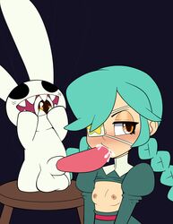 1girls annie_(skullgirls) balls blowjob cum cum_in_mouth eyepatch fellatio jomokin nipples oral oral_sex penis rabbit sagan_(skullgirls) skullgirls small_breasts yellow_eyes