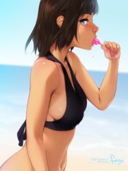 bikini bikini_tan black_bikini black_swimsuit blue_eyes breasts brown_hair clothing dark_skin day eating feguimel female female food high_resolution looking_at_viewer medium_breasts midriff miranda_(feguimel) mole navel ocean original outdoors popsicle sexually_suggestive short_hair sideboob solo swimsuit tagme tanlines tanned