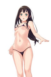 :o archway_of_venus arm_at_side armpits bangs bare_arms bare_shoulders bikini blush breasts brown_hair clavicle cowboy_shot erect_nipples erect_nipples_under_clothes eyebrows_visible_through_hair female foreshortening gluteal_fold green_eyes groin idolmaster idolmaster_cinderella_girls long_hair looking_at_viewer looking_down micro_bikini navel nipples open_mouth purple_bikini ruby-eye shibuya_rin simple_background small_breasts solo standing stomach strap_gap string_bikini swimsuit tagme tareme thigh_gap thighs underboob very_long_hair viewed_from_below white_background