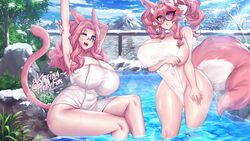 armpits arms_up big_breasts blue_eyes cat_ears cat_tail catgirl curvy detailed_background fox_ears fox_girl fox_tail glasses hair_ornament hot_spring hourglass_figure huge_breasts kireina_pinky_fox looking_at_viewer original osiimi pink_eyes pink_hair pinky_fox_(osiimi) sitting thick_thighs towel towel_only virtual_youtuber wide_hips