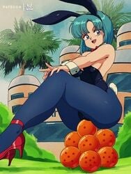 1girls ass blue_eyes blue_pantyhose bluethebone bulma_(bunny) bulma_briefs bunny_ears bunny_girl bunny_tail bunnysuit detailed_background dragon_ball dragon_ball_(object) female female_only green_hair heels hi_res high_heels looking_at_viewer medium_hair neck_ribbon open_mouth pantyhose retro_artstyle shoes shounen_jump sitting solo solo_female thick_thighs wrist_cuffs