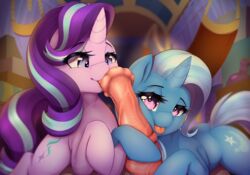 2021 animal_genitalia animal_penis cutie_mark duo_focus equid equine equine_penis eyebrows eyelashes female feral friendship_is_magic genitals group hasbro highres horn looking_at_viewer male mammal medial_ring my_little_pony oral penis sex starlight_glimmer straight thebatfang tongue tongue_out trixie_(mlp) unicorn vein