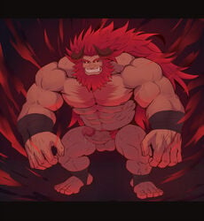 1boy abs aura bara beard black_sclera chest_hair colored_sclera completely_nude curled_horns demon_boy erection facial_hair fangs full_body glowing glowing_eyes grin highres horns kagemaru321 large_pectorals leg_hair long_hair looking_at_viewer male_focus male_only male_pubic_hair mature_male muscular muscular_male navel navel_hair nipples nude original pectorals penis precum pubic_hair red_hair smile solo squatting stomach thick_eyebrows thighs uncensored veins yellow_eyes