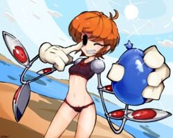 beach bikini ocean orange_hair peacock_(skullgirls) sharp_teeth short_hair skullgirls slugbox sun swimsuit water_balloon wink