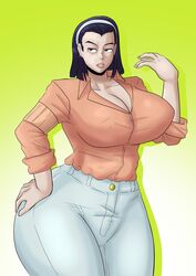 1girls big_ass big_breasts big_butt black_hair breasts brown_eyes cleavage diamond_is_unbreakable estella_comics female gradient_background hairband half-closed_eyes hand_on_hip huge_ass huge_breasts huge_butt human jojo's_bizarre_adventure looking_to_the_side mannyestella mature mature_female milf mom_jeans mother mrestella pale-skinned_female pale_skin pants purple_hair short_hair shounen_jump simple_background solo solo_female thick_ass thick_legs thick_thighs thunder_thighs tomoko_higashikata white_hairband white_pants wide_hips