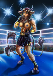 anthro boxing breasts catzakir female hair hi_res hooves horn light long_hair muscular muscular_female nintendo nipple_piercing nipple_ring nipples nude piercing pokémon_(species) pokemon pokemon_(species) ring sport tauros video_games