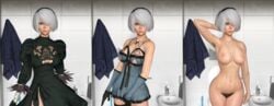 3d armpit_hair artist_request bathroom before_and_after blue_eyes hair hairy_armpits hairy_pussy kaine_(nier)_(cosplay) nier:_automata nude nude_female pubic_hair solo_female yorha_2b