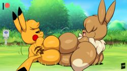 anthro anthrofied ass ass_to_ass bedroom_eyes big_butt butt_squish cosplay_pikachu cosplay_pikachu_(character) duo eevee eve_(joaoppereiraus) female hi_res joaoppereiraus kanna_(joaoppereiraus) looking_at_viewer looking_back lying narrowed_eyes nintendo nude on_side pikachu pokémon_(species) pokémorph pokemon seductive shortstack squish video_games wide_hips wiggle