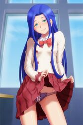 blue_hair bonnie_(rsg) bow bowtie censored classroom closed_mouth clothes_lift collared_shirt cowboy_shot crotchless crotchless_panties female female_pubic_hair green_eyes hair_intakes head_tilt imai_kotoko indoors lifted_by_self long_hair long_sleeves looking_at_viewer mewkledreamy miniskirt mole mole_under_eye panties pleated_skirt pubic_hair purple_panties red_bow red_neckwear red_skirt shiny shiny_hair shirt skirt skirt_lift smile solo standing underwear very_long_hair white_shirt wing_collar